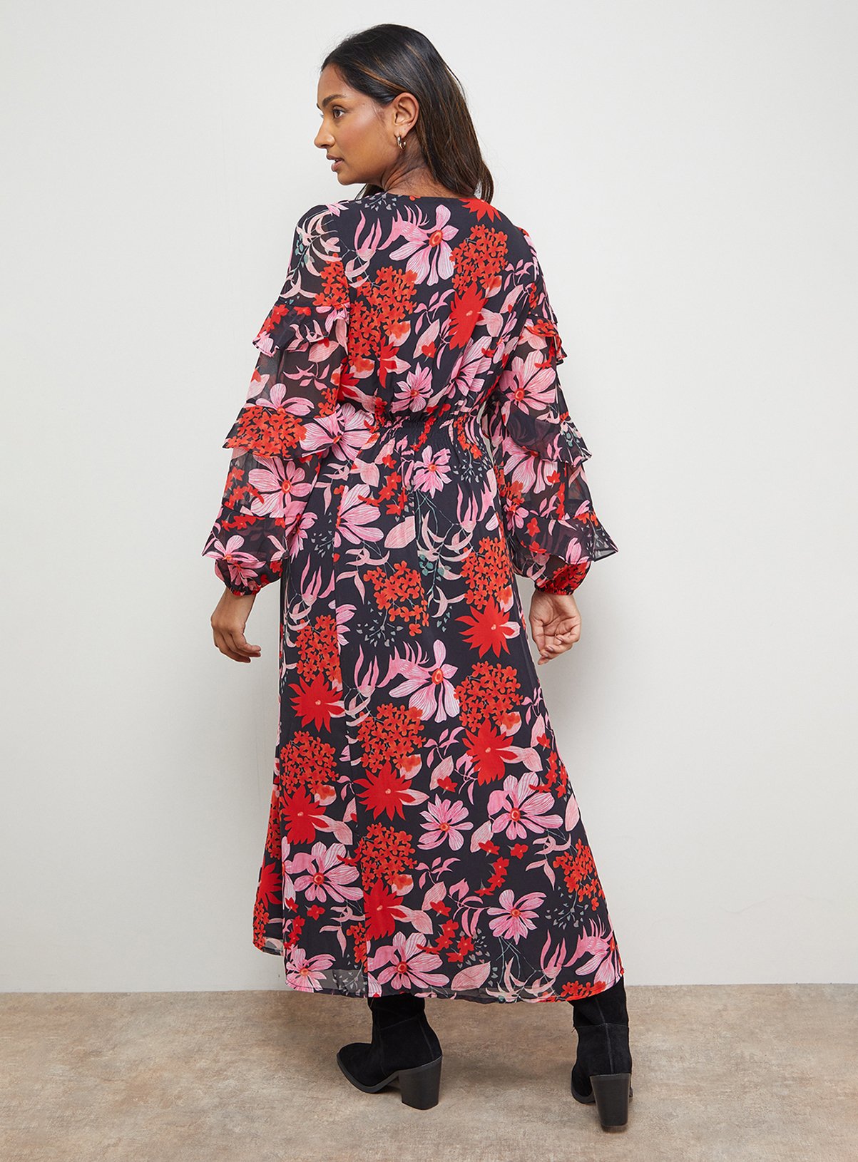 OASIS Printed Lace Detail Frill Sleeve Midi Dress 8 - Image 3 thumbnail
